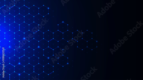 Abstract healthcare technology with hexagons pattern on dark blue background. Innovation medicine, science, molecular structure, chemical engineering and genetic research concept