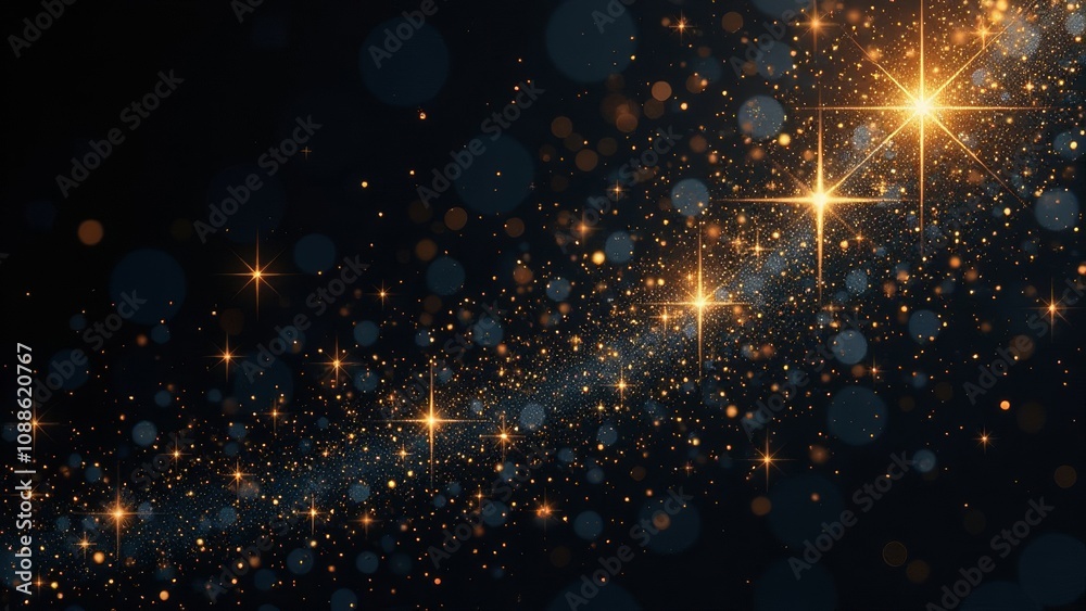 Naklejka premium Golden starry night sky with sparkling lights on a dark background