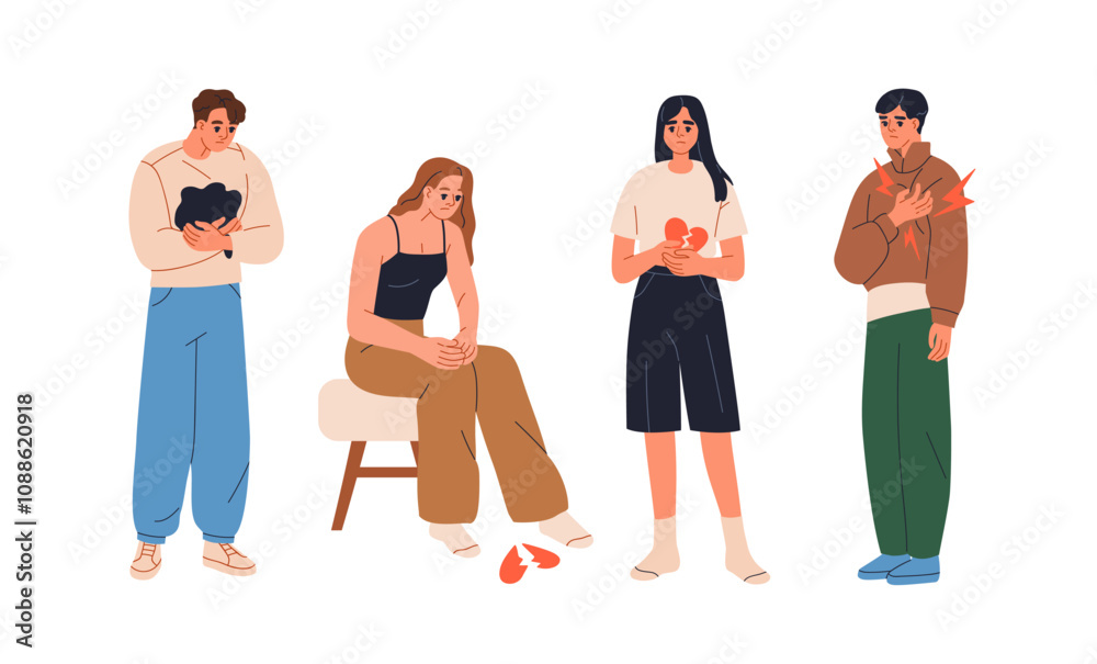 Obraz premium Heartbreak concept set. Sad people suffering from broken heart, emotional pain, grief and sorrow after love relationship breakup and betrayal. Flat vector illustration isolated on white background