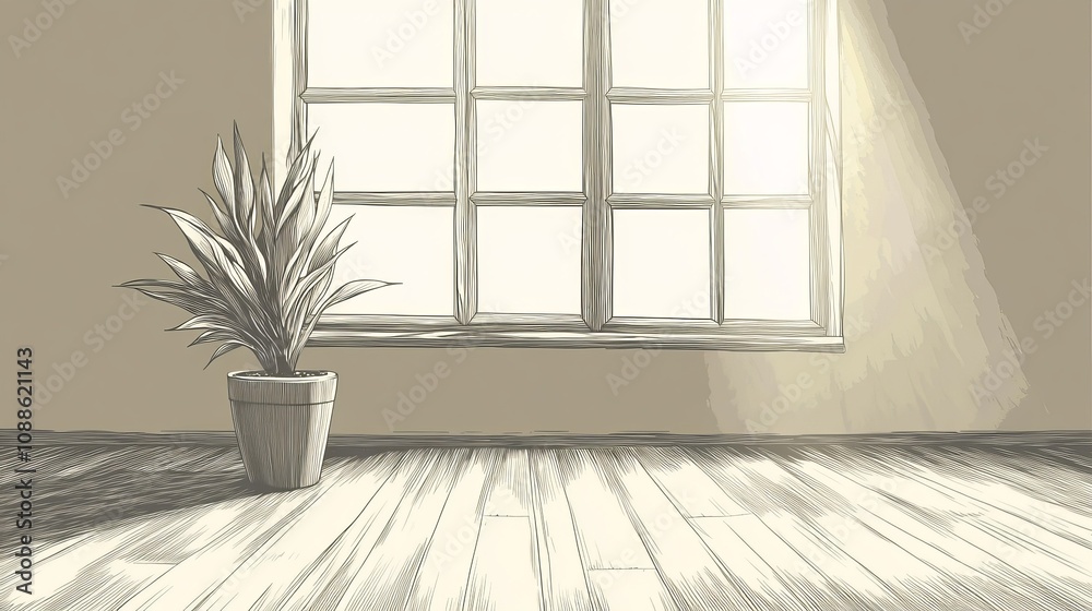A serene interior scene featuring a potted plant by a sunlit window, evoking tranquility and warmth. A serene interior scene featuring a potted plant by a sunlit window, evoking tranquility and warmth.