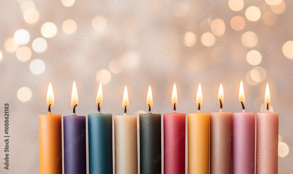 Colorful candles arranged on a textured surface, Generative AI Colorful candles arranged on a textured surface, Generative AI