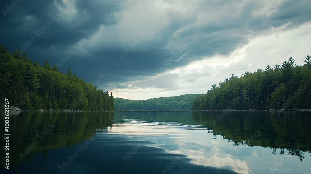 Fototapeta premium serene lake reflects dramatic storm clouds moving in, surrounded by lush green forests under moody sky, creating tranquil yet ominous atmosphere