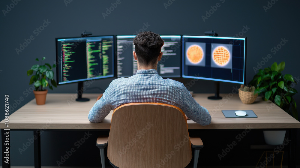 Person working at desk with multiple computer monitors displaying code and data visualizations, surrounded by plants, creating focused and modern workspace Person working at desk with multiple computer monitors displaying code and data visualizations, surrounded by plants, creating focused and modern workspace