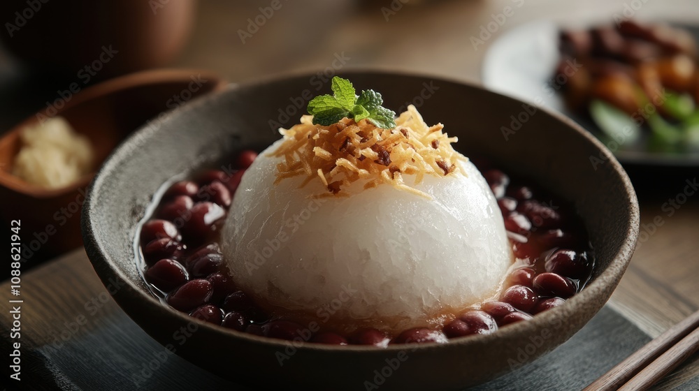 Creamy dessert with coconut and red beans served in a rustic bowl, garnished with mint leaves, surrounded by a warm and inviting dining environment Creamy dessert with coconut and red beans served in a rustic bowl, garnished with mint leaves, surrounded by a warm and inviting dining environment
