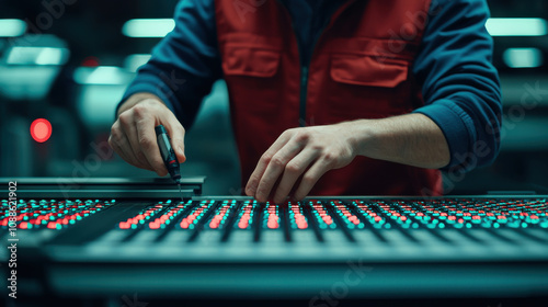 Person in red vest works on circuit board with precision tools, focusing on intricate electronic components in high tech environment