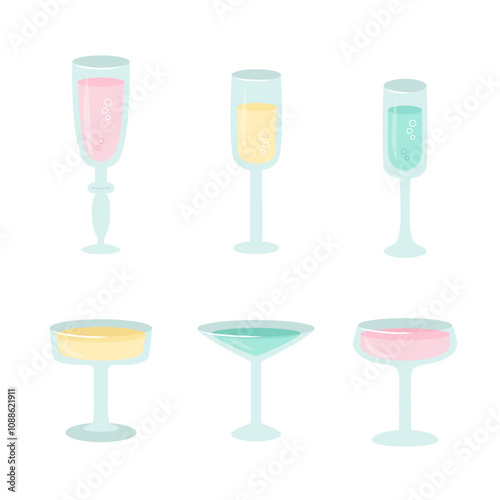 Set of glasses different shapes with liquid in pastel colors in cute cartoon flat style