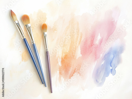 Three paintbrushes on watercolor background with soft pastel hues photo