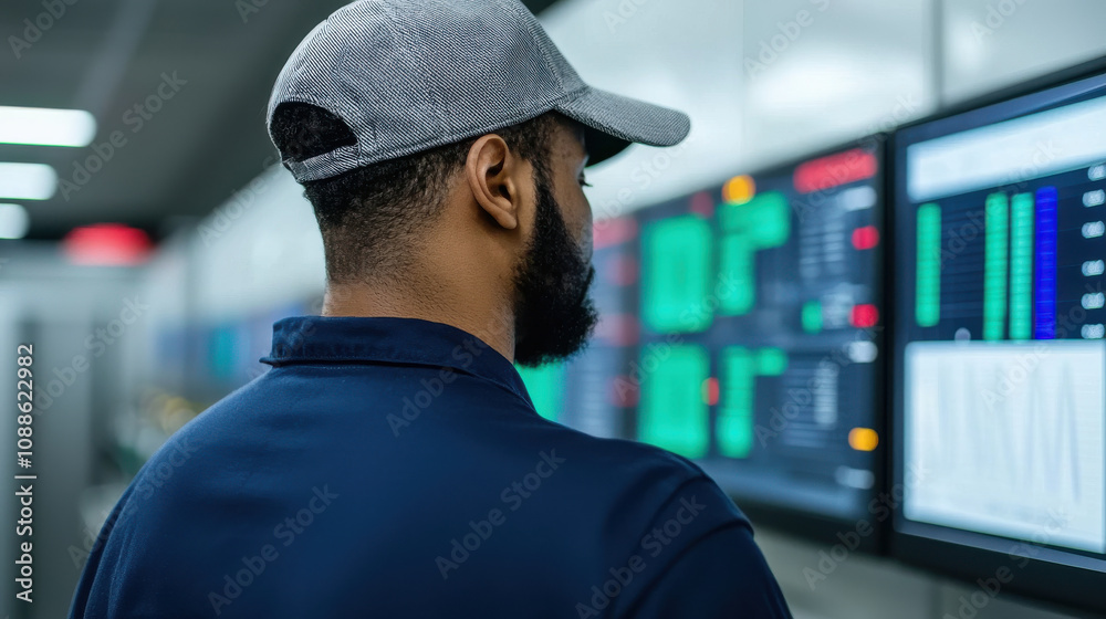 Man in cap monitors data on multiple screens in control room, focusing on technology and analysis Man in cap monitors data on multiple screens in control room, focusing on technology and analysis