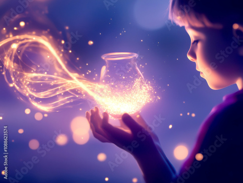 A child holding a glowing jar, embodying wonder and imagination.