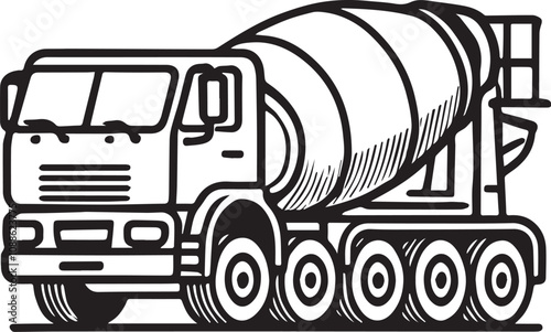 black and white simple line drawing of a cartoon cement truck, transport, transportation, vehicle, lorry, car, isolated, cargo, heavy, trailer, vector, construction, industry, delivery, semi