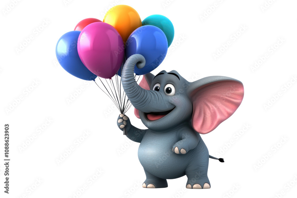 Obraz premium Adorable 3D Cartoon Elephant with Colorful Balloons isolated on transparent background png