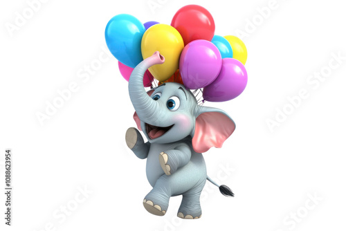 Happy Balloon-Carrying 3D CartoonElephant isolated on transparent background png photo