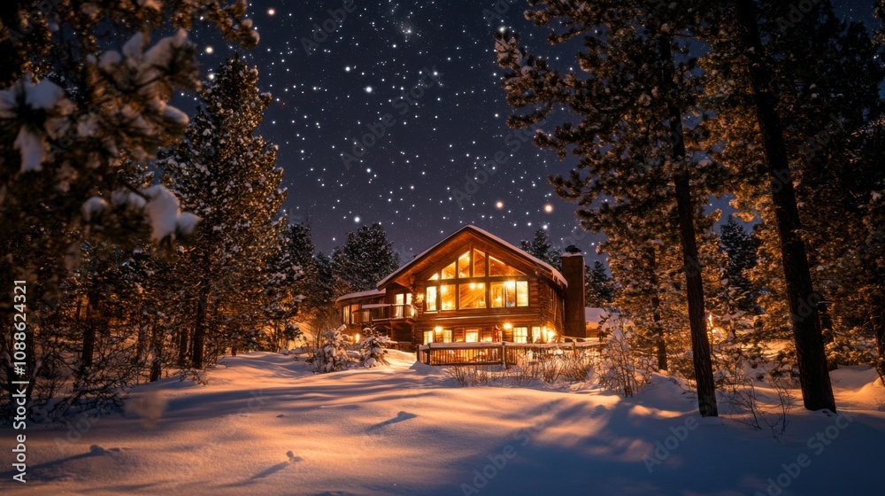 Cozy cabin surrounded by snow-covered trees under starry night sky Cozy cabin surrounded by snow-covered trees under starry night sky