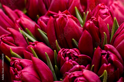 Close-up of a bouquet of red closed tulip buds on a blurred background