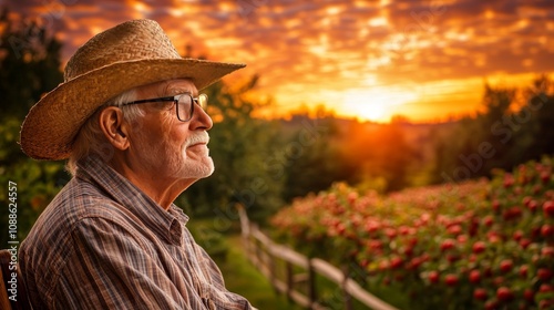 Golden Hour on the Farm Senior Farmer Reflects on a Lifetime of Harvest amidst Apple Orchard Sunset