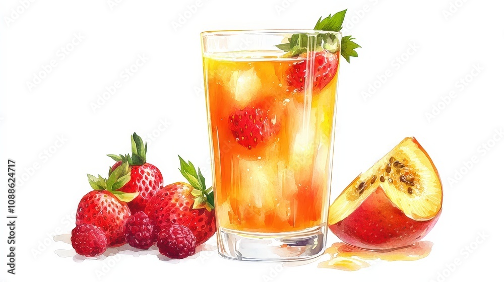 On a bright, transparent white background, a glass of fruit juice stands with its vibrant colors shining through the glass. On a bright, transparent white background, a glass of fruit juice stands with its vibrant colors shining through the glass.