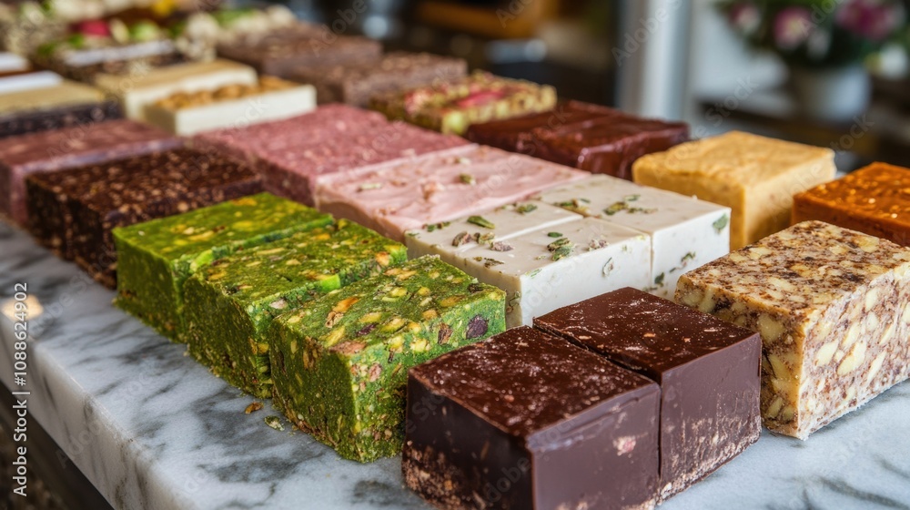Assorted Handmade Artisan Sweets Showcasing Diverse Textures and Colors on a Marble Surface in a Gourmet Dessert Display