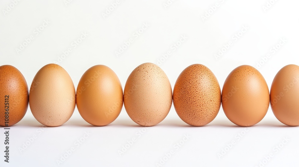 On a stark white background, a group of chicken eggs is arranged in a neat row. On a stark white background, a group of chicken eggs is arranged in a neat row.