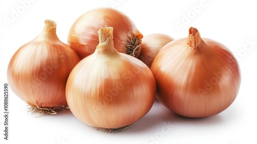 Onions, with their glossy, brown skins, are placed on a clean white background.