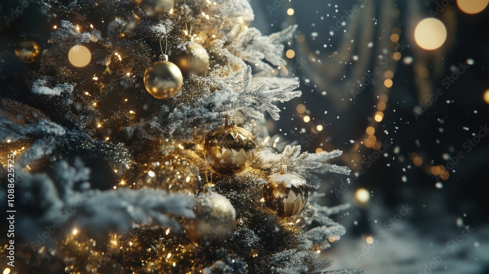 Christmas tree adorned with golden ornaments and sparkling lights Christmas tree adorned with golden ornaments and sparkling lights