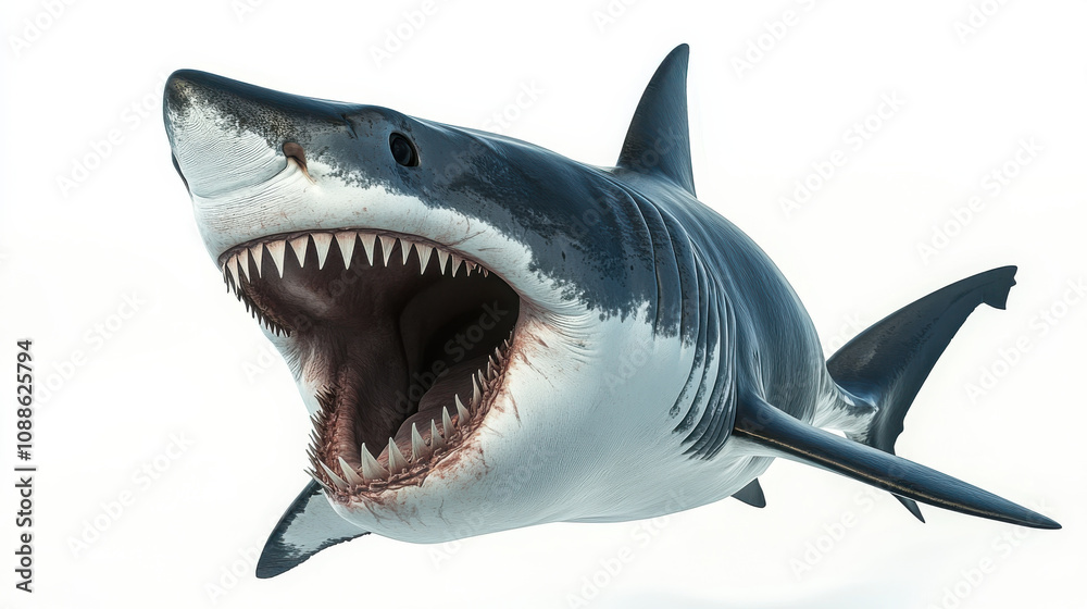 great white shark with open mouth, showcasing sharp teeth and powerful body, swimming in clear ocean environment great white shark with open mouth, showcasing sharp teeth and powerful body, swimming in clear ocean environment