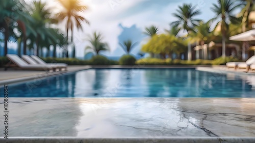 Empty white marble stone table top and blurred swimming pool in tropical resort in summer banner background