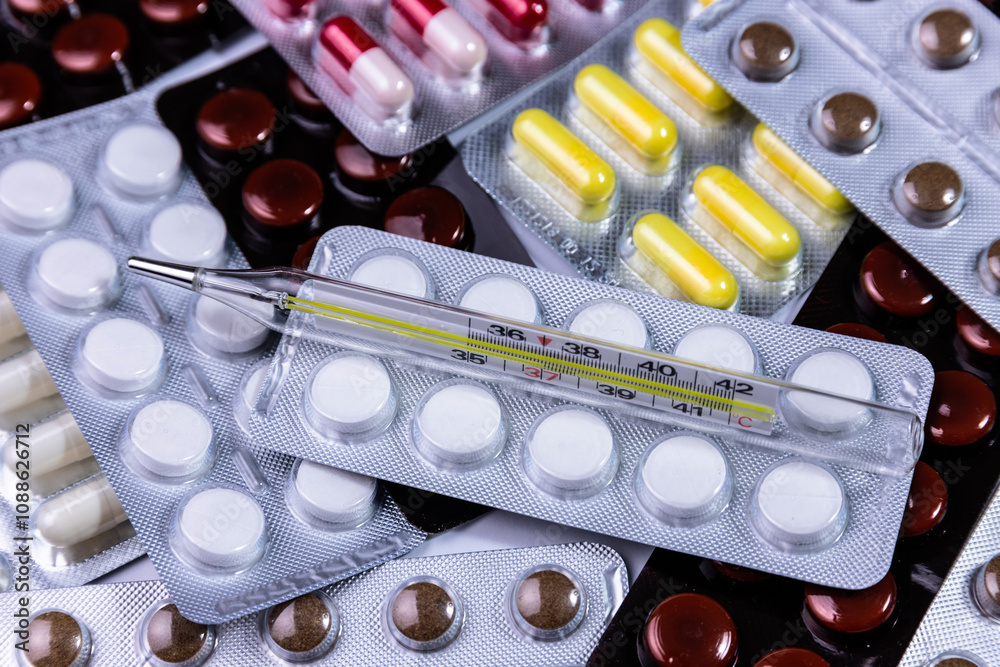 A thermometer showing the temperature of a person's body lies against the background of medical tablets in a blister pack. Medical background. A thermometer showing the temperature of a person's body lies against the background of medical tablets in a blister pack. Medical background.