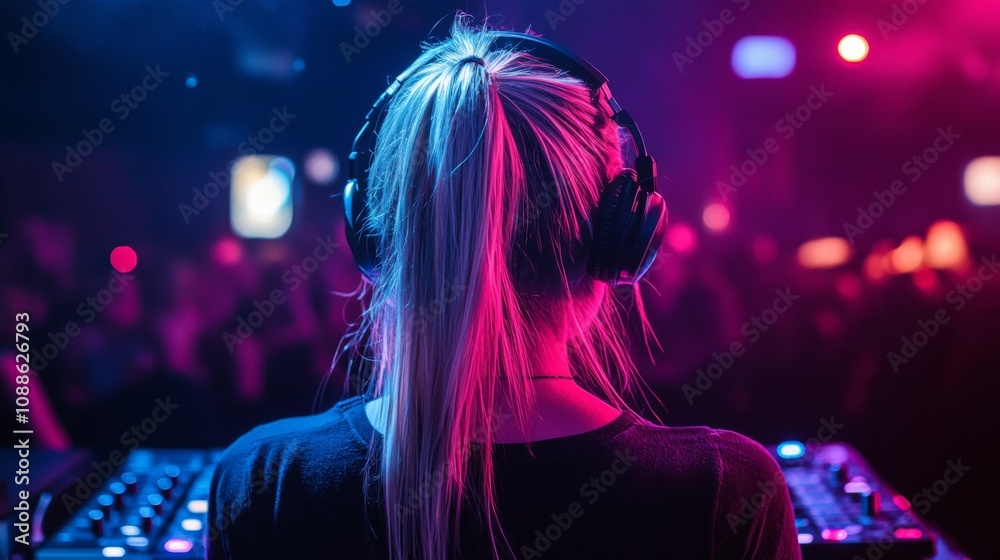 Fototapeta premium A female DJ captivates the crowd with her energetic set at a bustling nightclub, surrounded by colorful lights and an enthusiastic audience enjoying the music