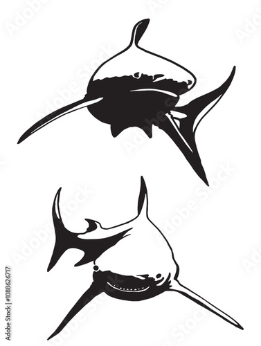 Graphical set of white sharks isolated on white background,vector ink pen illustration,tattoo elements