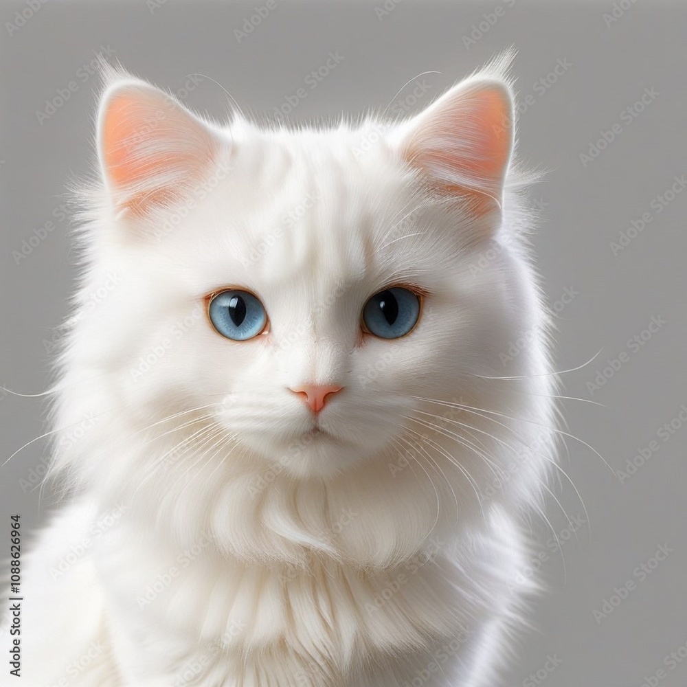 Portrait of a beautiful white fluffy cat with blue eyes on a gray background. Looking at the camera Portrait of a beautiful white fluffy cat with blue eyes on a gray background. Looking at the camera