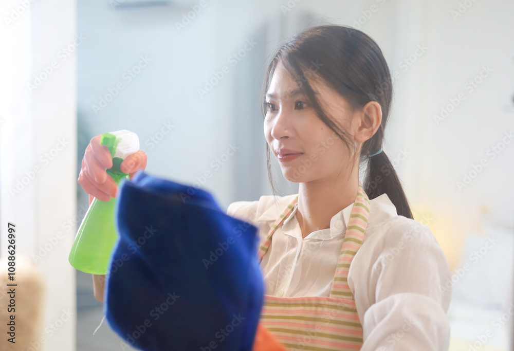 Happy woman wearing orange gloves cleaning windows with blue cloth at home Happy woman wearing orange gloves cleaning windows with blue cloth at home