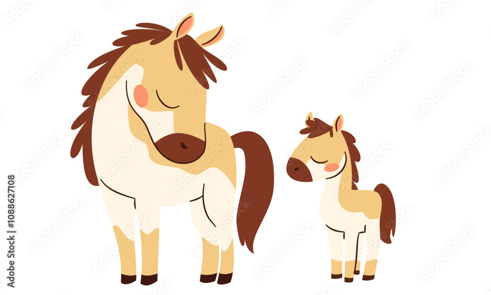 A set of flat vector illustrations in children's style. Cute horse and her baby foal. Farm animals and their cubs. Vector illustration