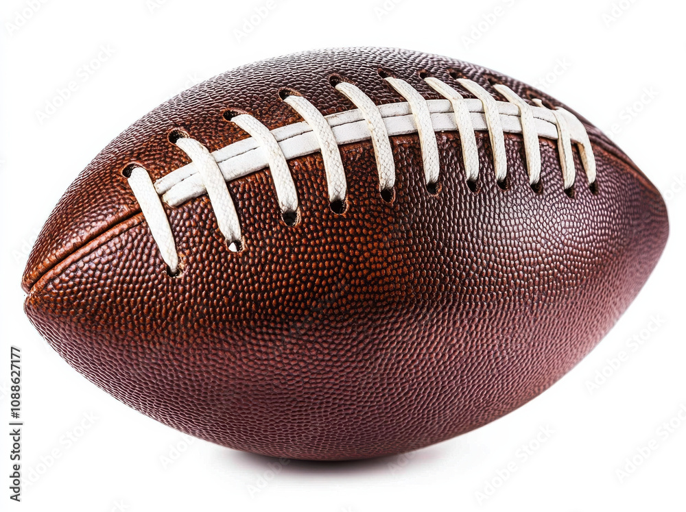 close up view of textured brown football with white laces, showcasing its detailed surface and design. Perfect for sports enthusiasts and football lovers close up view of textured brown football with white laces, showcasing its detailed surface and design. Perfect for sports enthusiasts and football lovers