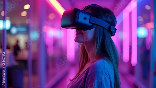 Futuristic nightlife. Young woman wearing futuristic glasses with AR display in the virtual city