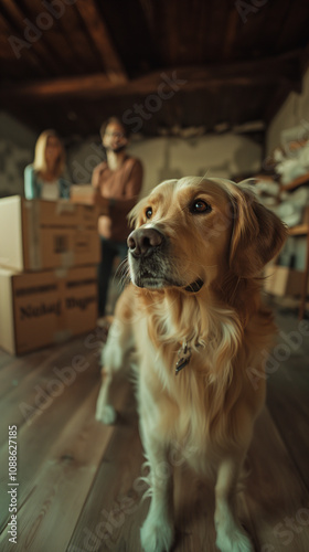 A golden retriever dog in a room with moving boxes. Family with pet wallpaper. photo