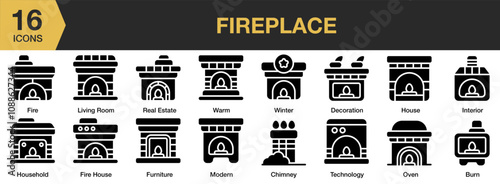 Fireplace solid icon set. Includes Chimney, Warm, Fireplace, Living, Room, Burn, and More. Solid icons vector collection.