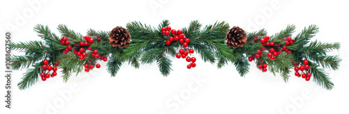 festive garland featuring pinecones, red berries, and evergreen branches, perfect for holiday decorations
