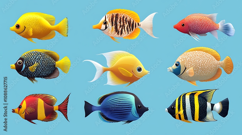 Collection of tropical fish isolated on a blue background Collection of tropical fish isolated on a blue background