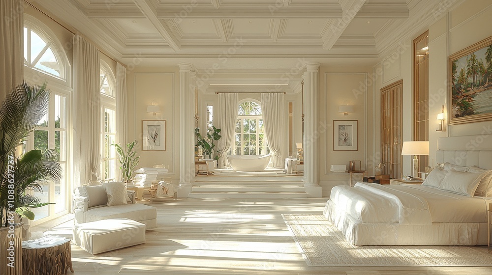 Spacious and elegant bedroom bathed in natural light within a luxurious interior design
