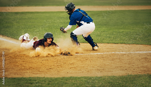 Intense baseball action as player slides home with dust cloud while catcher prepares for tag