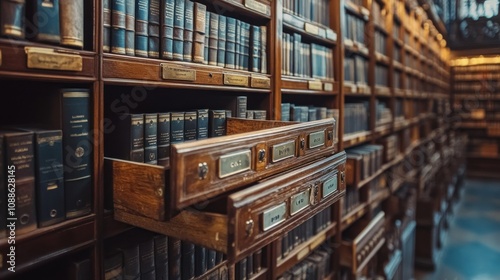 A library with rows of bookshelves filled with books, with two drawers pulled out.