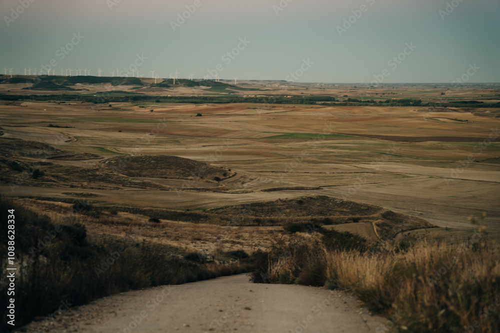 The Camino de Santiago during sunrise in Navarra, Spain The Camino de Santiago during sunrise in Navarra, Spain