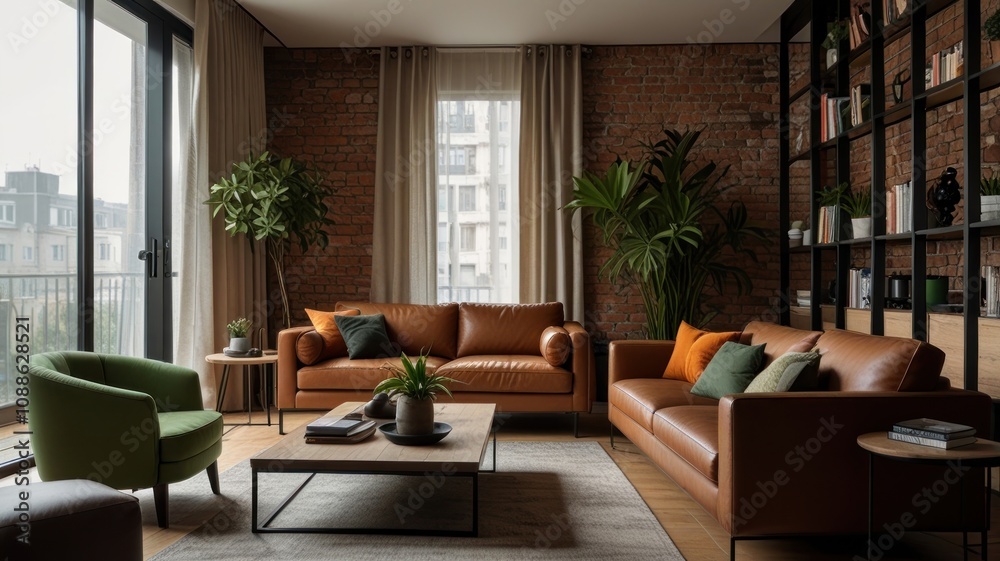 Here's a caption and keywords for your stock photo.. Modern living room with exposed brick, leather sofas, and plants. Here's a caption and keywords for your stock photo.. Modern living room with exposed brick, leather sofas, and plants.