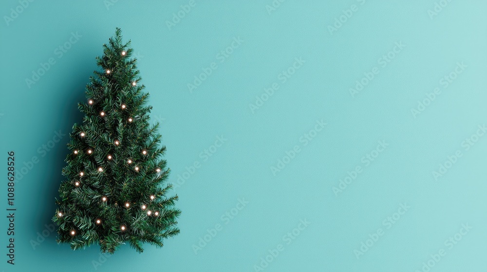 Festive Christmas Tree with Lights Teal Background Holiday Decor