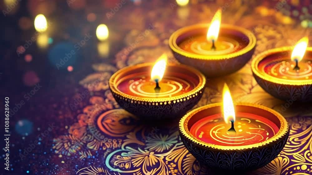 Three decorative candles illuminate a vibrant, patterned background, symbolizing celebration.