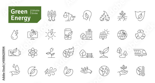 Green Energy Line Icons Set. Climate Change, Solar Energy, Green Technology, Sustainable Energy, Renewable Energy, Recycling Icons Editable Stroke Vector Illustration