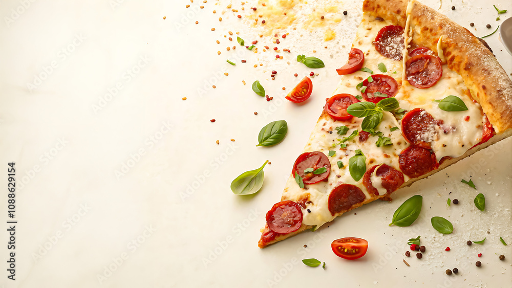 Pizza Slice Toppings Scattering Across Light Cream Background Pizza Slice Toppings Scattering Across Light Cream Background