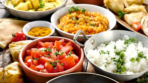 assorted of indian food with dhal, naan bread, rice,curry meal, chicken masala,samosa