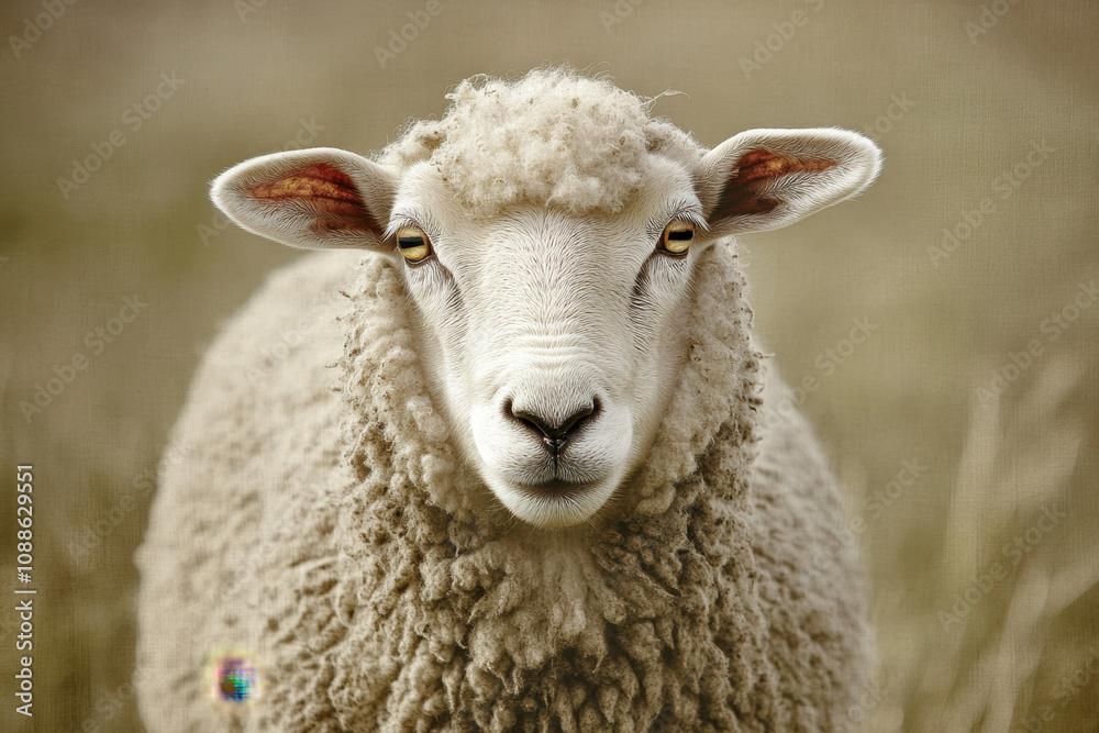 Close-up of a fluffy sheep with expressive eyes and curly wool, set against a blurred natural background creating a serene and gentle pastoral scene. Close-up of a fluffy sheep with expressive eyes and curly wool, set against a blurred natural background creating a serene and gentle pastoral scene.
