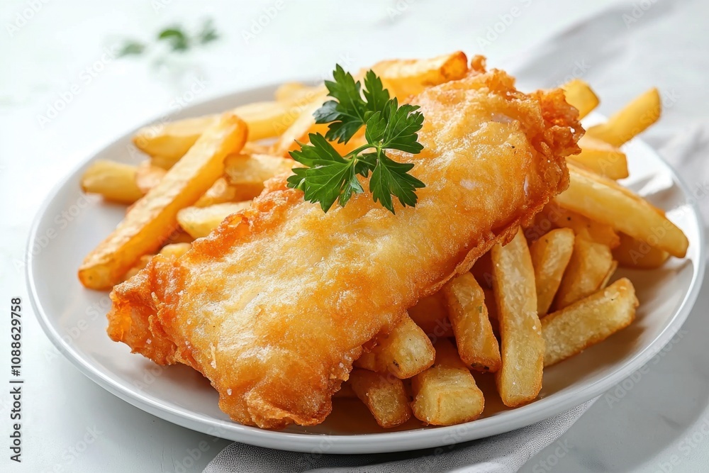 A serving of fish and chips with a sprig of parsley for garnish, placed on a simple white plate with room for text or logos. Perfect for upscale restaurant branding or food magazine features A serving of fish and chips with a sprig of parsley for garnish, placed on a simple white plate with room for text or logos. Perfect for upscale restaurant branding or food magazine features